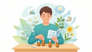 Иллюстрация с набором гомеопатических средств в стеклянных флаконах для руководства по выбору препаратов